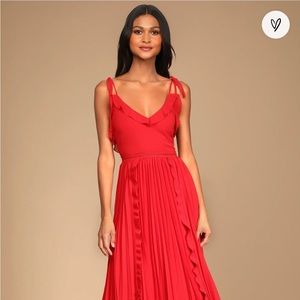 NWT Lulu’s Never a Dull Moment Bright Red Tie-Strap Pleated Midi Dress